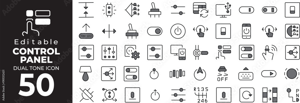 Fototapeta premium Editable dual tone icon set of Control panel with 50 black and white symbols Vector illustration