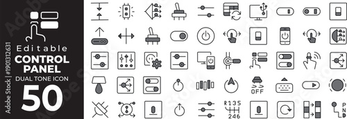 Editable dual tone icon set of Control panel with 50 black and white symbols Vector illustration