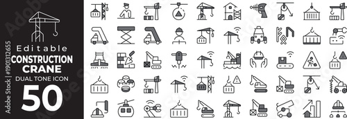 Editable dual tone icon set of Construction cranes and building tools Vector illustration