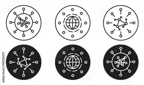 Digital network technology icons, business symbols, in various different styles, editable outlines on white background, vector illustrations.

