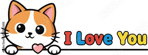 Cute ginger and white cartoon cat peeking over a horizontal border while holding a small pink heart. 