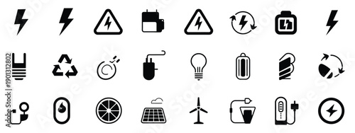 Electricity and energy icon set, vector glyph pictograms of lightning bolt, battery, plug, solar panel, wind turbine, power symbols, renewable energy and electrical safety black silhouette