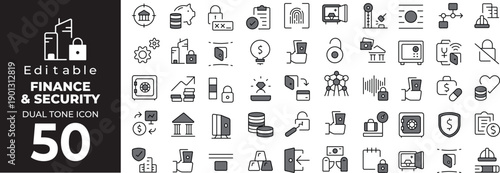 Editable dual tone icon set of finance and security icons for business and banking concepts Vector illustration