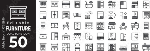 Editable dual tone icon set of 50 furniture symbols and objects for design Vector illustration