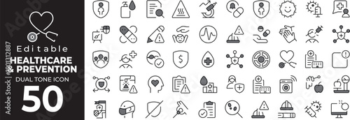 Editable dual tone icon set of Healthcare and prevention symbols with 50 black and white graphics Vector illustration