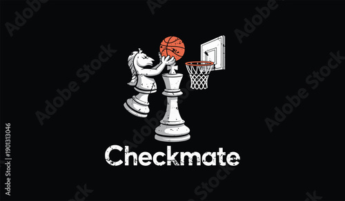 White chess pawn dunking basketball into hoop with checkmate text below in bold and playful design
