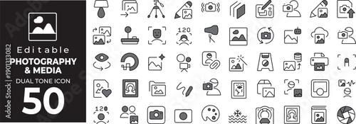 Editable dual tone icon set of photography and media icons for design 50 symbols Vector illustration