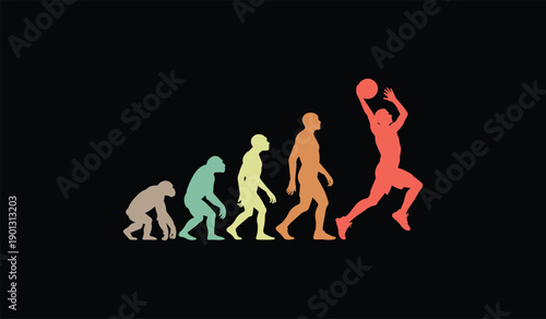 Silhouettes of human evolution progression culminating in a modern athlete dunking a basketball on a black background