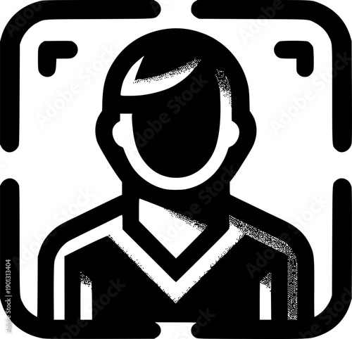Face Detection Icon: A minimalist icon depicting a face within a recognition frame, symbolizing technology's ability to identify and analyze individuals. 