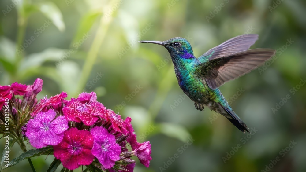 Fototapeta premium A Jewel-Toned Hummingbird Hovers Near Vibrant Pink Flowers in a Sunlit Garden