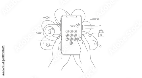 Vector illustration of smartphone with security icons and hand, for website or app UI design, isolated on transparent background, png