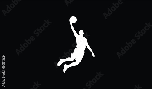 Dynamic silhouette of an athlete performing a powerful dunk against a sleek black background capturing motion and intensity