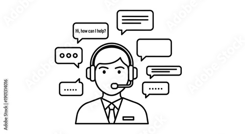 Customer service representative with headset and speech bubbles, vector illustration for website support or customer care, isolated on transparent background, png