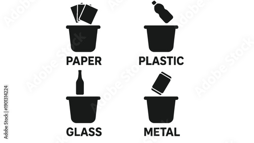 Recycling bins for paper, plastic, glass, and metal waste management