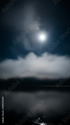 Mystical night scene featuring a serene lake reflecting the moon and clouds.