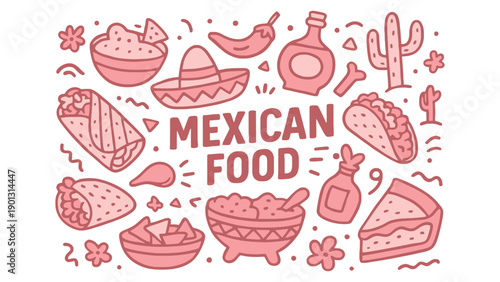 Colorful illustration of various Mexican food items and drinks