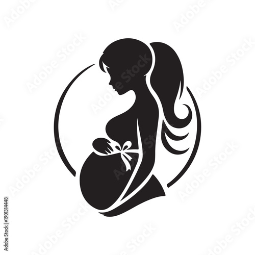 Black and white silhouette pregnant woman with bow on belly
