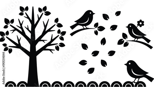 Black silhouettes of birds sitting on tree branches with falling leaves