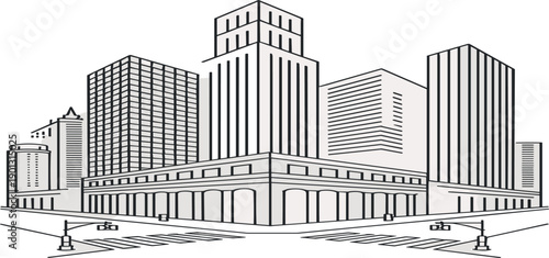 Black and white line of a cityscape with tall buildings and a crosswalk line cityscape skyscrapers