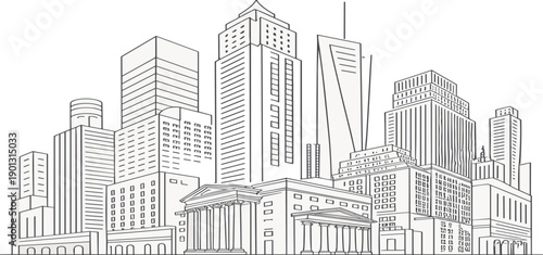 Black and white line of a city skyline with various architectural buildings and skyscrapers line city skyline