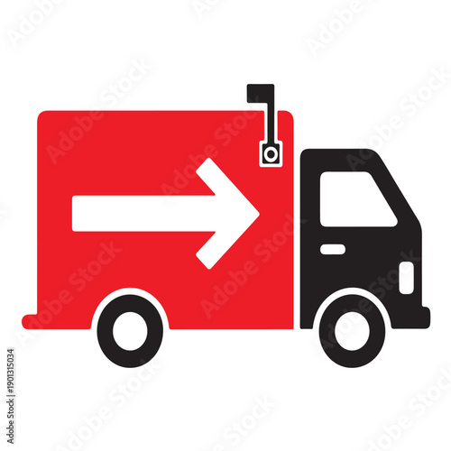 Red and black silhouette delivery truck with arrow on transparent background, vector graphic, logistics symbol, shipping service, transport icon, movement graphic