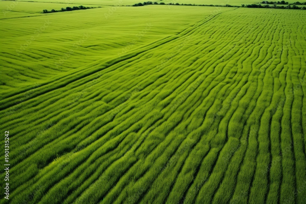 Fototapeta premium Green agricultural field creating wavy patterns across the landscape seen from aerial view
