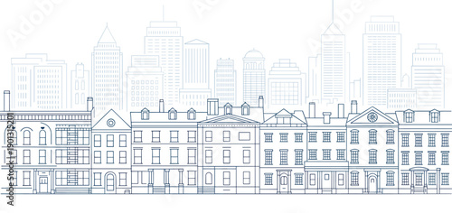 Line of a cityscape with traditional buildings and modern skyscrapers in the background line cityscape