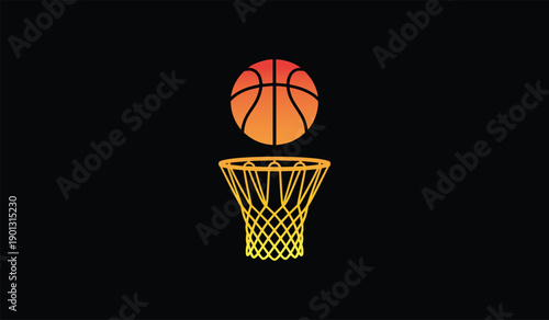 Dynamic orange basketball in mid air over a golden hoop on a sleek black background capturing the thrill of a slam dunk in a minimalist style