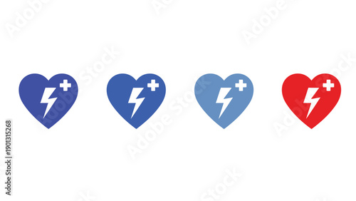Medical emergency heart symbols with lightning and cross on white background