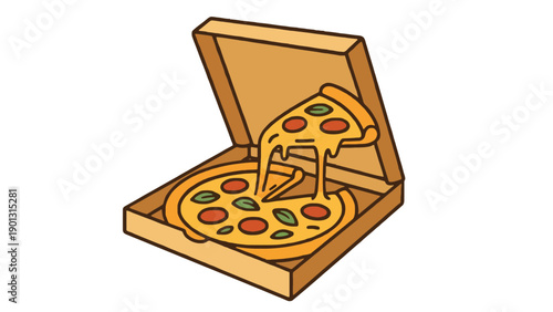 A cartoon illustration of a pizza box with a slice of pizza coming out