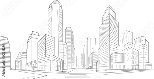 Of a cityscape with tall buildings and a crosswalk in the foreground skyscrapers line urban architecture