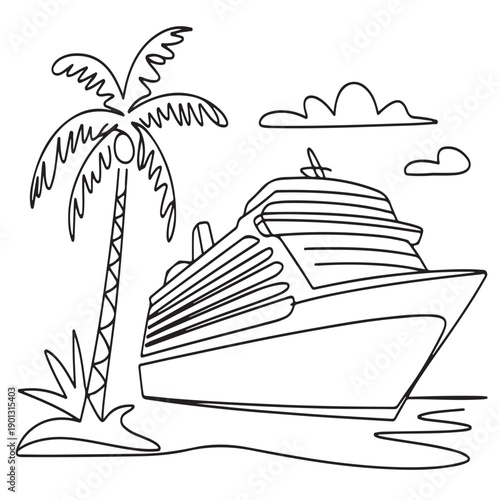 Modern cruise liner approaching tropical shore with palm tree and desert island plants featuring simplified line art illustration of luxury passenger ship for caribbean travel marketing
