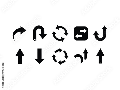 Collection of various arrow icons, including curved, circular, and straight arrows. Versatile vector set for direction, movement, and cycles.