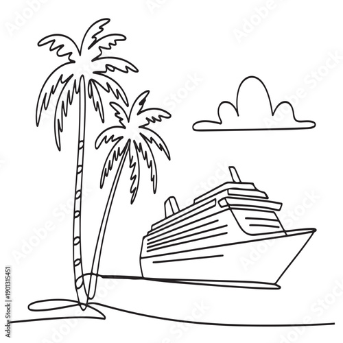 Luxury cruise ship docked near pair of leaning palm trees on tropical island shore featuring clean line art style with single puffy cloud and ocean horizon for travel agency promotionals