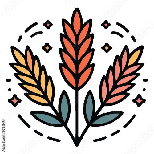 Three stylized wheat stalks with colorful grains and green leaves, surrounded by a dotted circular frame and sparkling stars, presented as a modern vector illustration