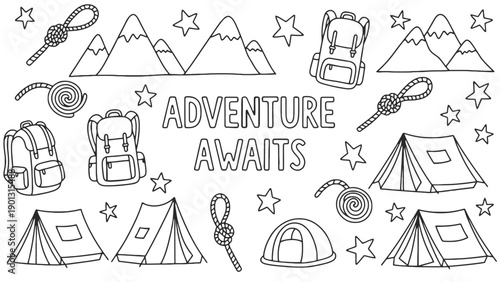 Colorful illustration of camping and adventure themed icons and text