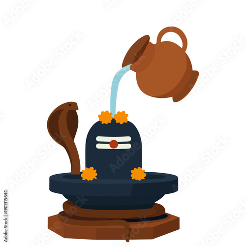 Shiva Lingam with Abhishekam - Hindu Worship Symbol with Water Pot, Snake and Flowers for Maha Shivratri