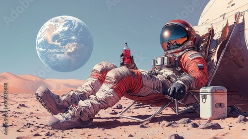 Astronaut Relaxing on a Lunar Surface in a Folding Chair with Earth in the Background