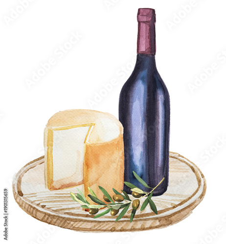 Watercolor illustration of wine and cheese on a wooden board.