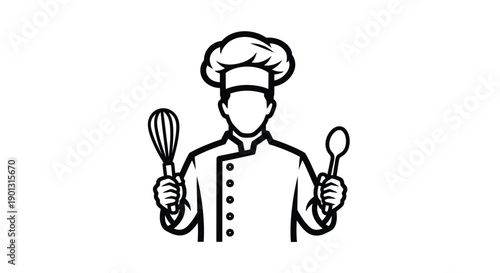 Black and white illustration of a chef holding cooking utensils