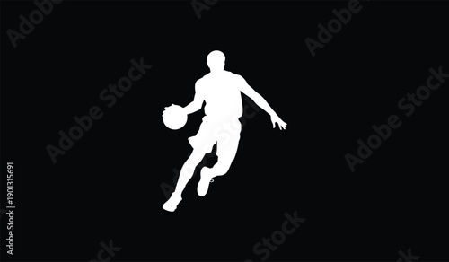 Dynamic white silhouette of a male basketball player dribbling the ball with intense focus captured mid action against a stark black background conveying athleticism