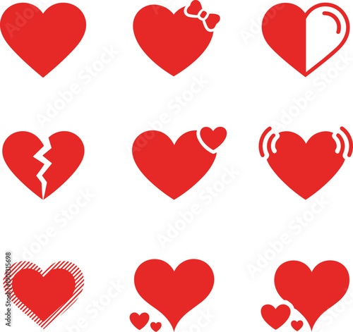 Valentine’s Day illustration, decorative heart icons grid, romantic love symbols, broken striped bow highlight overlapping vibrating designs, cute cartoon vector art, holiday decoration