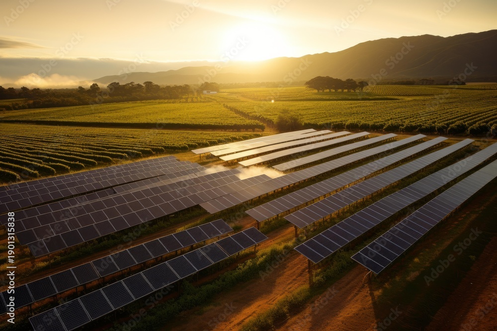 Fototapeta premium Solar farm and vineyard together under a golden sunset, representing sustainable agriculture