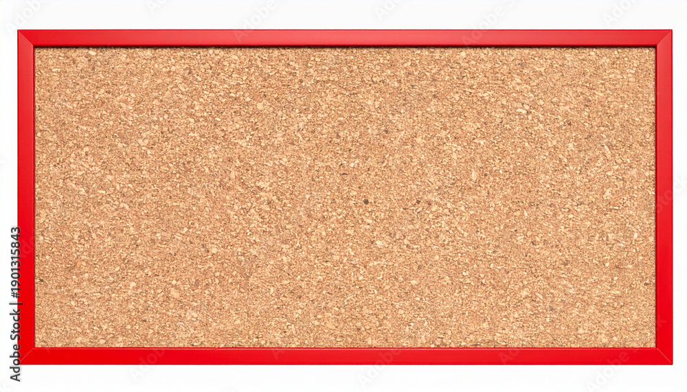Fototapeta premium Blank cork board with red frame isolated on white background. Suitable for announcements, alerts, promotions, school notices, advertising messages, and creative bulletin board designs.
