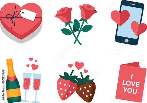 Valentine’s Day illustration, romantic love elements, heart gift box roses smartphone champagne strawberries card, cute cartoon vector art, adorable design, sweet holiday celebration