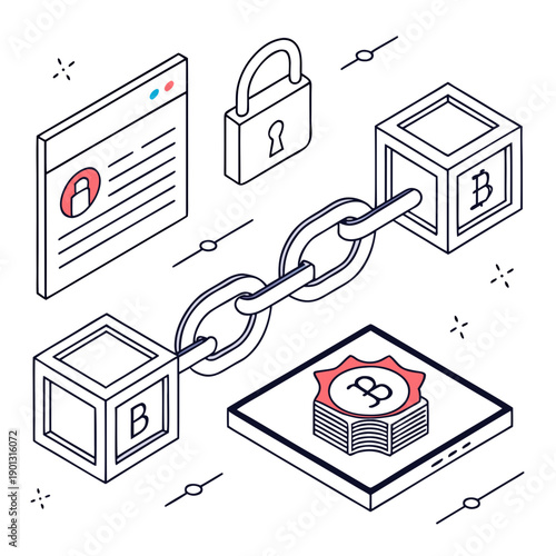 Illustration of a secure blockchain network with interconnected cubes and locks