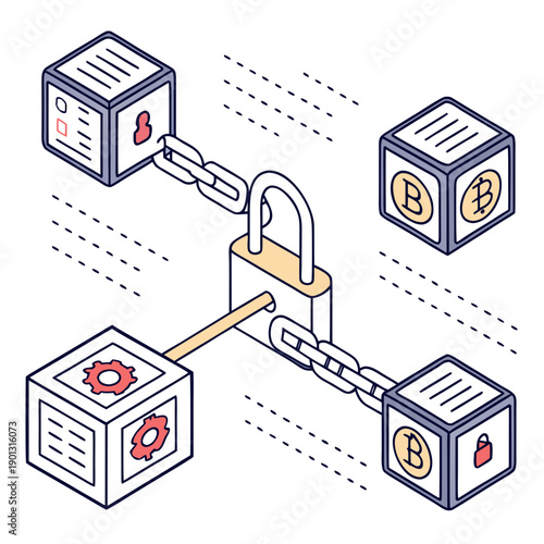 A digital illustration of a network of cubes connected by a padlock.