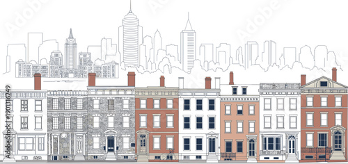 Row of historic brick buildings with detailed facades and a city skyline in the background