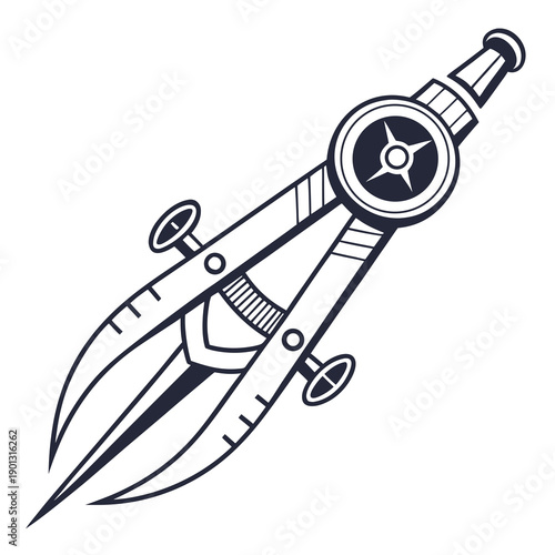 A detailed illustration of a compass tool with a pencil and a protractor.