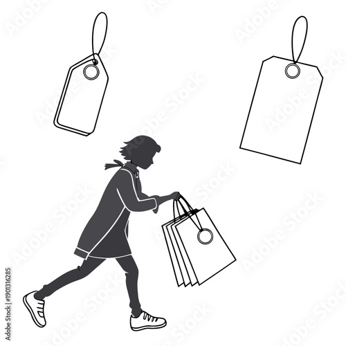 A person carrying multiple shopping bags with price tags floating around.